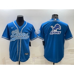 Men's Detroit Lions Blue Team Big Logo With Patch Cool Base Stitched Baseball Jersey