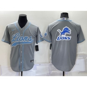 Men's Detroit Lions Grey Team Big Logo With Patch Cool Base Stitched Baseball Jersey