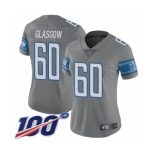 Women's Detroit Lions #60 Graham Glasgow Limited Steel Rush Vapor Untouchable 100th Season Football Jersey