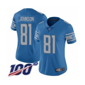 Women's Detroit Lions #81 Calvin Johnson Blue Team Color Vapor Untouchable Limited Player 100th Season Football Jersey