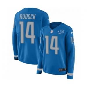 Women's Nike Detroit Lions #14 Jake Rudock Limited Blue Therma Long Sleeve NFL Jersey