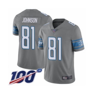 Youth Detroit Lions #81 Calvin Johnson Limited Steel Rush Vapor Untouchable 100th Season Football Jersey