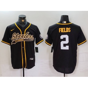 Men's Pittsburgh Steelers #2 Justin Fields Black With Patch Cool Base Stitched Baseball Jersey