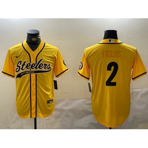 Men's Pittsburgh Steelers #2 Justin Fields Yellow With Patch Cool Base Stitched Baseball Jersey