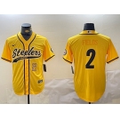 Men's Pittsburgh Steelers #2 Justin Fields Yellow With Patch Cool Base Stitched Baseball Jerseys