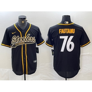 Men's Pittsburgh Steelers #76 Troy Fautanu Black With Patch Cool Base Stitched Baseball Jersey