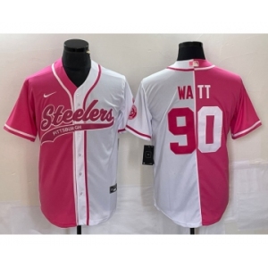 Men's Pittsburgh Steelers #90 TJ Watt Pink White Two Tone With Patch Cool Base Stitched Baseball Jersey