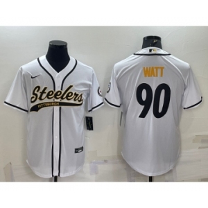 Men's Pittsburgh Steelers #90 TJ Watt White With Patch Cool Base Stitched Baseball Jersey