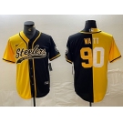 Men's Pittsburgh Steelers #90 TJ Watt Yellow Black Split With Patch Cool Base Stitched Baseball Jersey