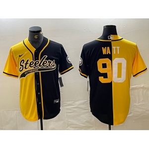 Men's Pittsburgh Steelers #90 TJ Watt Yellow Black Split With Patch Cool Base Stitched Baseball Jersey