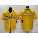 Men's Pittsburgh Steelers Gold Team Big Logo With Patch Cool Base Stitched Baseball Jersey