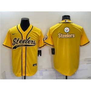 Men's Pittsburgh Steelers Gold Team Big Logo With Patch Cool Base Stitched Baseball Jersey