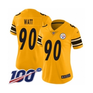 Women's Pittsburgh Steelers #90 T. J. Watt Limited Gold Inverted Legend 100th Season Football Jersey