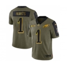 Men's Philadelphia Eagles #1 Jalen Hurts 2021 Olive Camo Salute To Service Golden Limited Stitched Football Jersey