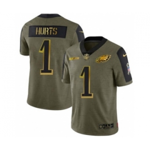 Men's Philadelphia Eagles #1 Jalen Hurts 2021 Olive Camo Salute To Service Golden Limited Stitched Football Jersey