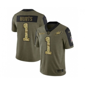 Men's Philadelphia Eagles #1 Jalen Hurts 2021 Olive Camo Salute To Service Limited Stitched Football Jersey