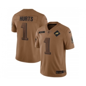 Men's Philadelphia Eagles #1 Jalen Hurts 2023 Brown Salute To Service Limited Football Stitched Jersey