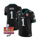 Men's Philadelphia Eagles #1 Jalen Hurts Black 2025 Eagles Logo Super Bowl LIX Patch New F.U.S.E. Vapor Untouchable Limited Football Stitched Jersey