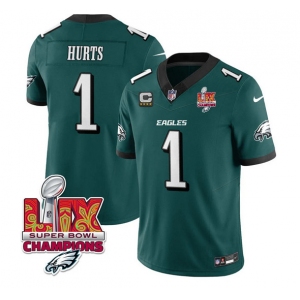Men's Philadelphia Eagles #1 Jalen Hurts Green 2025 Eagles Logo Super Bowl LIX Patch With 4-Star C Patch New F.U.S.E. Vapor Untouchable Limited Football St