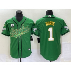 Men's Philadelphia Eagles #1 Jalen Hurts Green With C Patch Cool Base Stitched Baseball Jersey