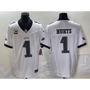 Men's Philadelphia Eagles #1 Jalen Hurts White C Patch 2023 FUSE Vapor Stitched Jersey