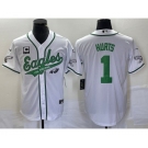 Men's Philadelphia Eagles #1 Jalen Hurts White C Patch Cool Base Stitched Baseball Jersey1