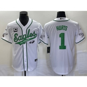 Men's Philadelphia Eagles #1 Jalen Hurts White C Patch Cool Base Stitched Baseball Jersey1