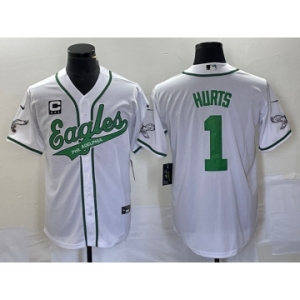 Men's Philadelphia Eagles #1 Jalen Hurts White C Patch Cool Base Stitched Baseball Jersey