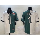 Men's Philadelphia Eagles #1 Jalen Hurts White & Green Split 2025 Super Bowl LIX Patch Vapor Untouchable Limited Football Stitched Jersey