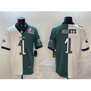 Men's Philadelphia Eagles #1 Jalen Hurts White & Green Split 2025 Super Bowl LIX Patch Vapor Untouchable Limited Football Stitched Jersey