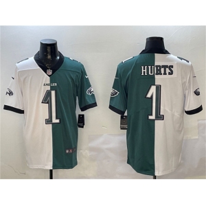Men's Philadelphia Eagles #1 Jalen Hurts White & Green Split Vapor Untouchable Limited Football Stitched Jersey