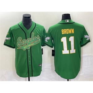 Men's Philadelphia Eagles #11 A. J. Brown Green Gold Cool Base Baseball Stitched Jersey