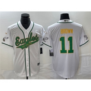 Men's Philadelphia Eagles #11 A. J. Brown White Gold Cool Base Baseball Stitched Jersey