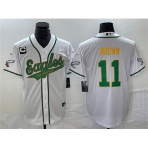 Men's Philadelphia Eagles #11 A. J. Brown White Gold With C Patch Cool Base Baseball Stitched Jersey