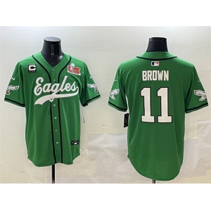 Men's Philadelphia Eagles #11 A.J. Brown Green 2025 Super Bowl LIX And 3-Star C Patch Stitched Baseball Jersey