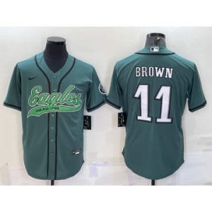 Men's Philadelphia Eagles #11 AJ Brown Green With Patch Cool Base Stitched Baseball Jersey