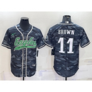 Men's Philadelphia Eagles #11 AJ Brown Grey Camo With Patch Cool Base Stitched Baseball Jersey