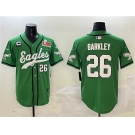 Men's Philadelphia Eagles #26 Saquon Barkley Green 2025 Super Bowl LIX And 3-Star C Patch Stitched Baseball Jersey
