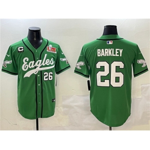 Men's Philadelphia Eagles #26 Saquon Barkley Green 2025 Super Bowl LIX And 3-Star C Patch Stitched Baseball Jersey