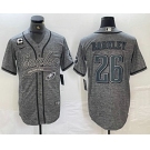 Men's Philadelphia Eagles #26 Saquon Barkley Grey Gridiron With C Patch Cool Base Stitched Baseball Jersey