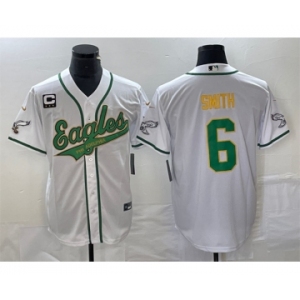 Men's Philadelphia Eagles #6 DeVonta Smith White Gold With C Patch Cool Base Stitched Baseball Jersey