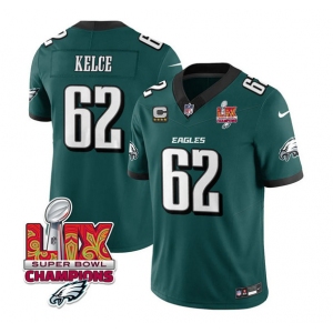 Men's Philadelphia Eagles #62 Jason Kelce Green 2025 Eagles Logo Super Bowl LIX Patch And 4-Star C Patch New F.U.S.E. Vapor Limited Football Stitched Jerse