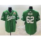 Men's Philadelphia Eagles #62 Jason Kelce Green 2025 Super Bowl LIX And 3-Star C Patch Stitched Baseball Jersey