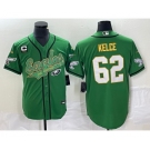 Men's Philadelphia Eagles #62 Jason Kelce Green Gold C Patch Cool Base Stitched Baseball Jersey