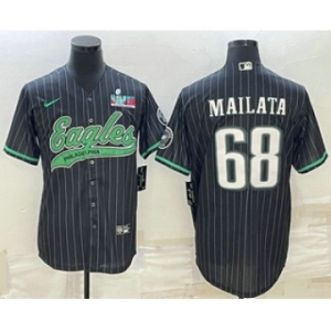 Men's Philadelphia Eagles #68 Jordan Mailata Black Pinstripe With Super Bowl LVII Patch Cool Base Stitched Baseball Jersey