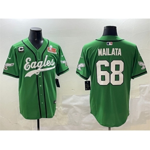 Men's Philadelphia Eagles #68 Jordan Mailata Green 2025 Super Bowl LIX And 3-Star C Patch Stitched Baseball Jersey