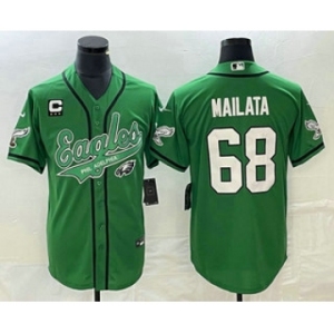 Men's Philadelphia Eagles #68 Jordan Mailata Green C Patch Cool Base Stitched Baseball Jersey