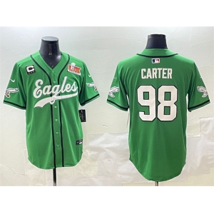 Men's Philadelphia Eagles #98 Jalen Carter Green 2025 Super Bowl LIX And 3-Star C Patch Stitched Baseball Jersey