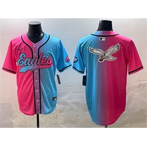 Men's Philadelphia Eagles Team Big Logo Pink Blue Limited Stitched Baseball Jersey