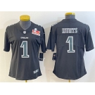 Women's Philadelphia Eagles #1 Jalen Hurts Black 2025 Super Bowl LIX Patch Fashion Vapor Untouchable Limited Football Stitched Jersey